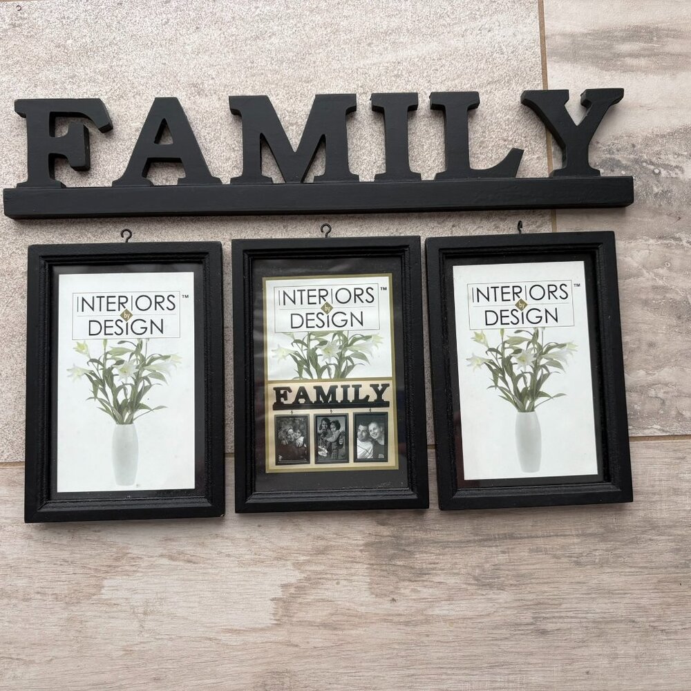 Interiors Design FAMILY home decor sign, black wood, 3 hanging 4x6 photo frames